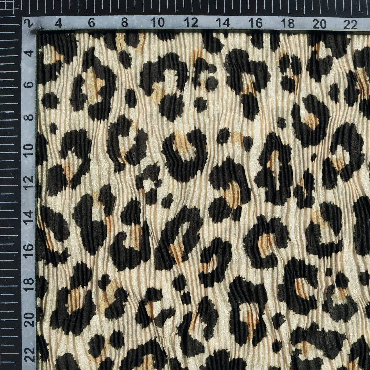 Ecru Beige and Black Leopard Animal Pattern Digital Print Georgette Satin Pleated Fabric
