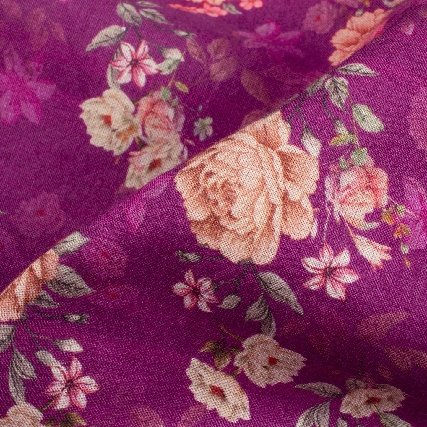 Grape Purple And Taffy Pink Floral Pattern Digital Print Organic Cotton Fabric