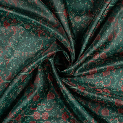Sacramento Green And Red Floral Pattern Digital Print Organza Satin Fabric
