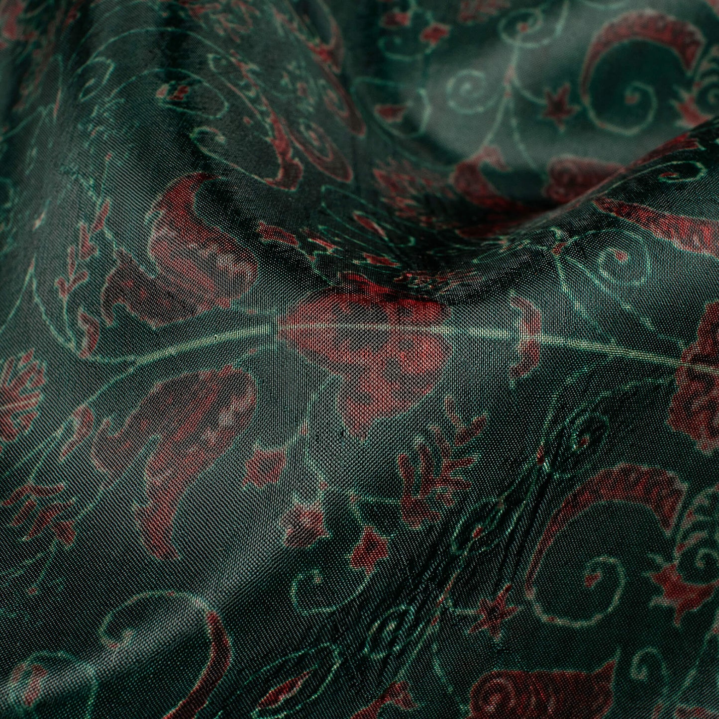 Sacramento Green And Red Floral Pattern Digital Print Organza Satin Fabric