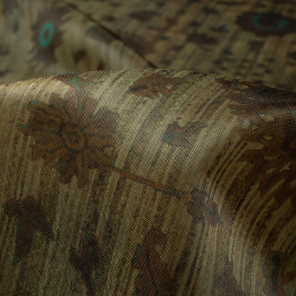 Peanut Brown And Pale Turquoise Traditional Pattern Digital Print Organza Satin Fabric