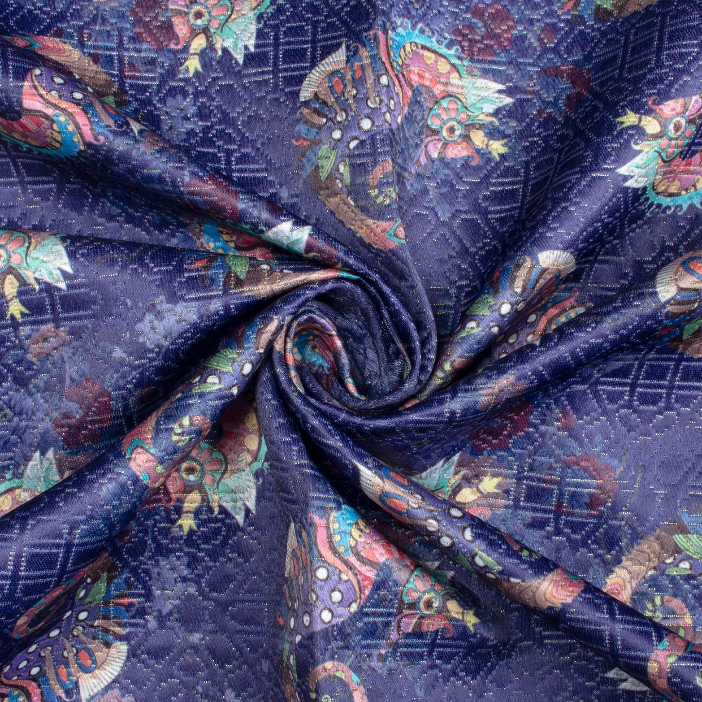 Berry Blue And Yellow Animal Pattern Digital Print Sherwani Fabric (Width 54 Inches)