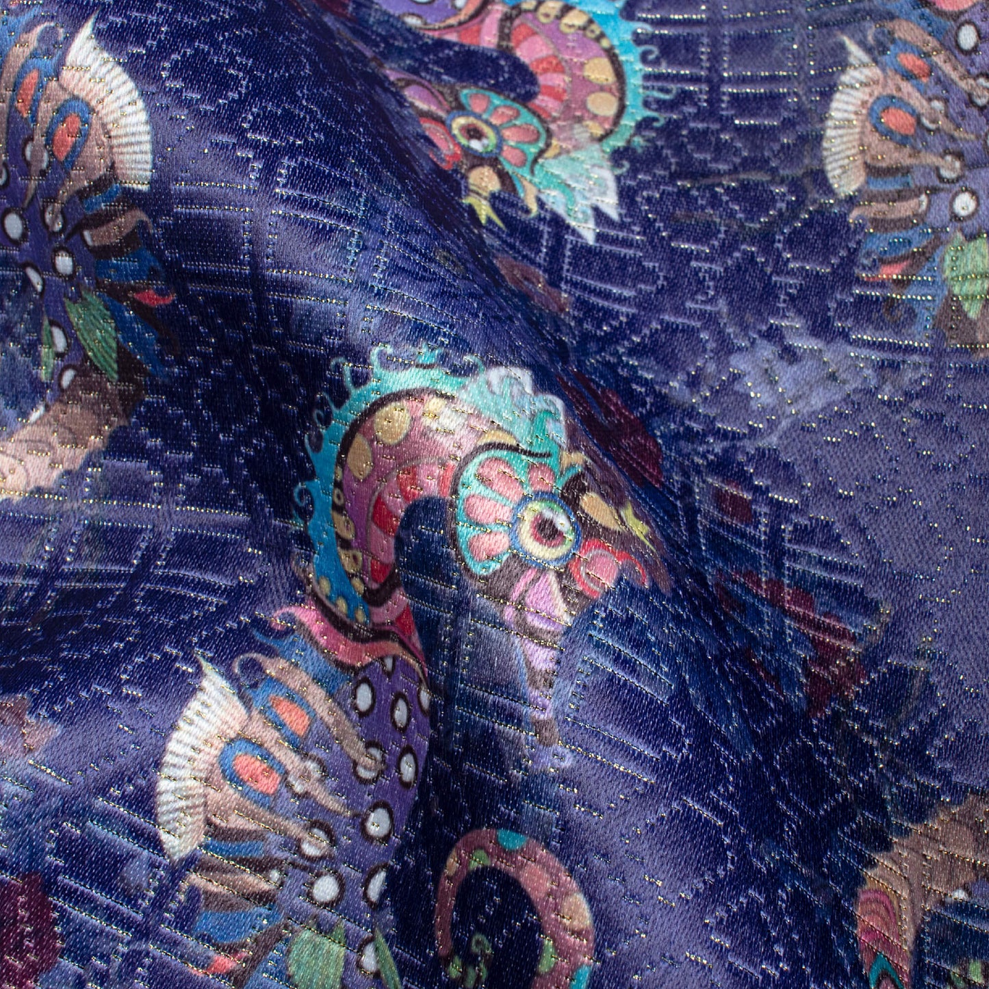 Berry Blue And Yellow Animal Pattern Digital Print Sherwani Fabric (Width 54 Inches)