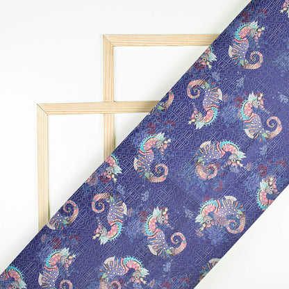 Berry Blue And Yellow Animal Pattern Digital Print Sherwani Fabric (Width 54 Inches)