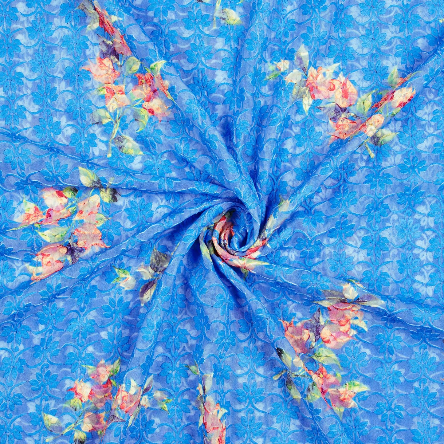 Azure Blue And Orange Floral Pattern Digital Print Georgette Embroidery Fabric - Fabcurate