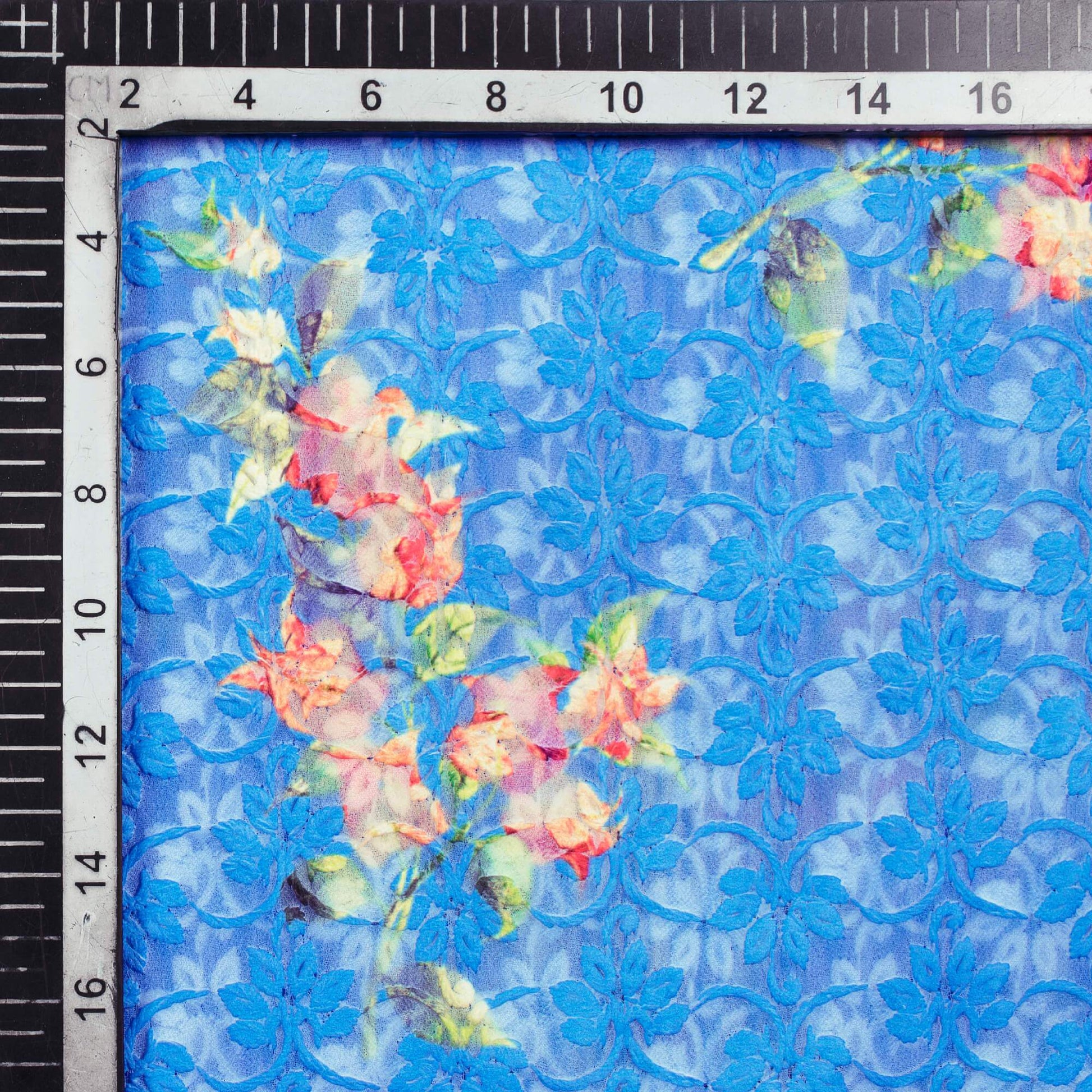 Azure Blue And Orange Floral Pattern Digital Print Georgette Embroidery Fabric - Fabcurate