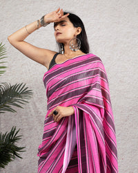 Creamy Pink And Raisin Purple Stripes Pattern All Over Premium Sequins Digital Print Georgette Saree