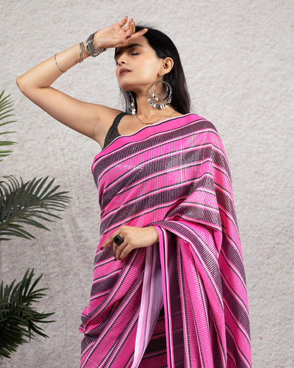 Creamy Pink And Raisin Purple Stripes Pattern All Over Premium Sequins Digital Print Georgette Saree