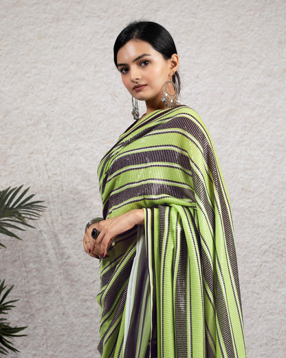 Black and Lime Green Stripes Pattern All Over Premium Sequins Digital Print Georgette Saree