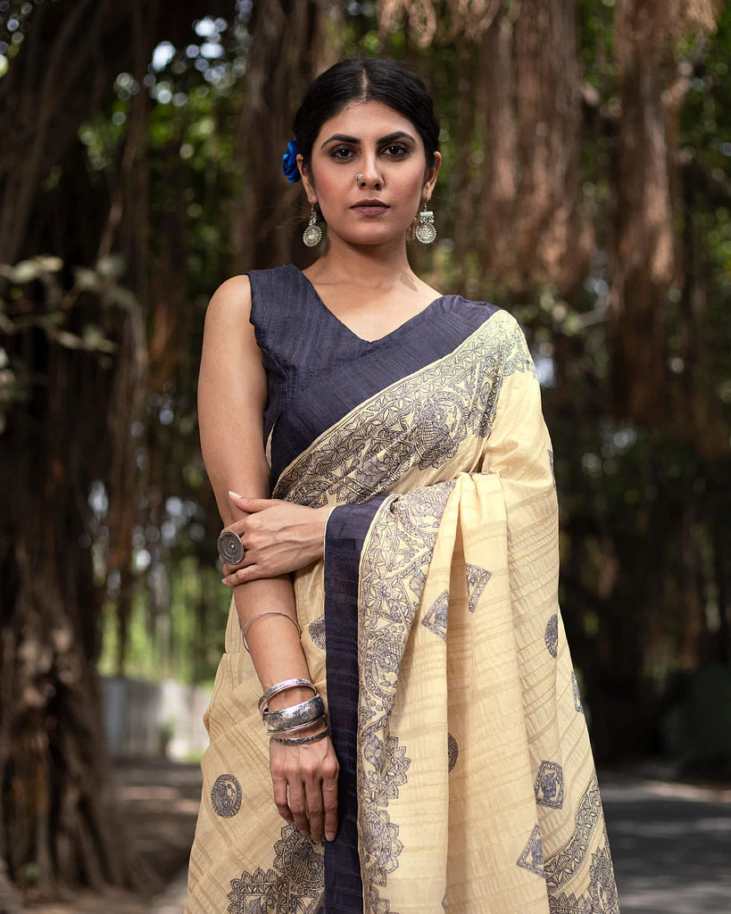 Ecru Beige And Navy Blue Madhuvanii Pattern Digital Print Art Tusser Silk Saree With Tassels