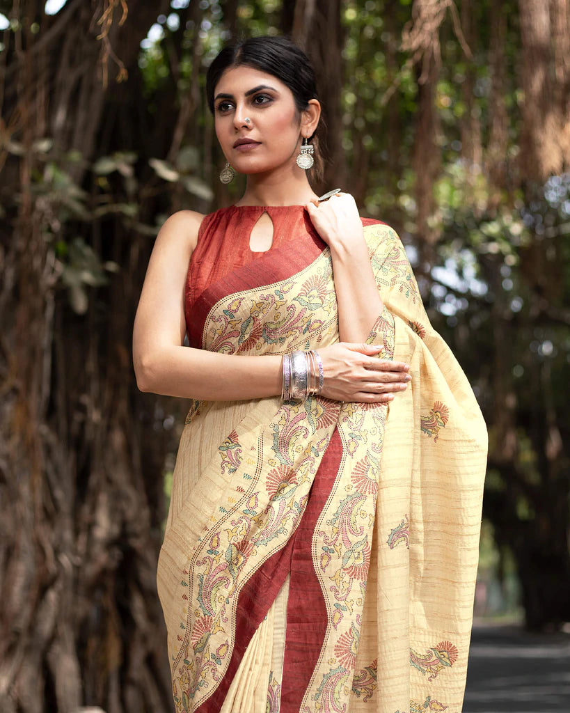 Ecru Beige And Mahogany Red Kalamkrii Pattern Digital Print Art Tusser Silk Saree With Tassels