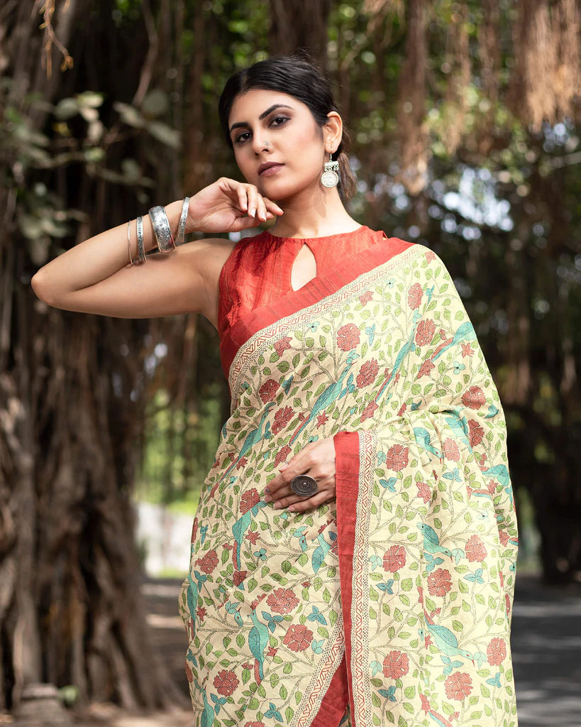Ecru Beige And Maroon Floral Pattern Digital Print Art Tusser Silk Saree With Tassels