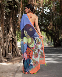 Cornflower Blue and Salmon Orange Quirky Pattern Premium Sequins Georgette Saree With Tassels