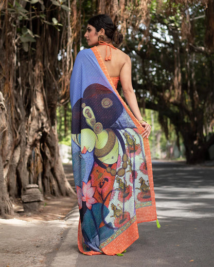 Cornflower Blue and Salmon Orange Quirky Pattern Premium Sequins Georgette Saree With Tassels