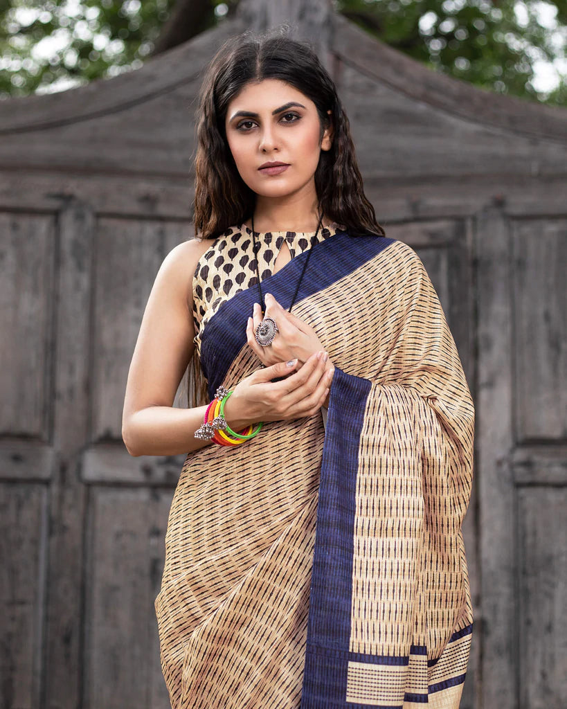 Beige And Navy Blue Stripes Pattern Digital Print Art Tusser Silk Saree With Tassels