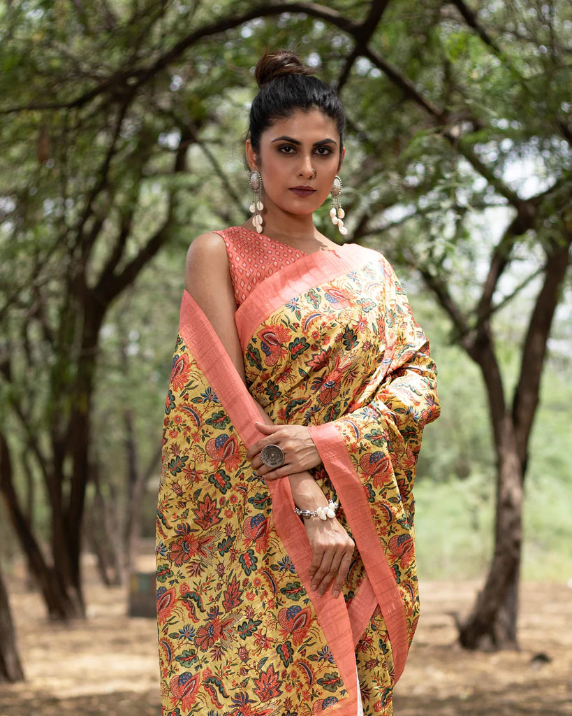 Tuscany Yellow And Coral Peach Floral Pattern Digital Print Art Tusser Silk Saree With Tassels