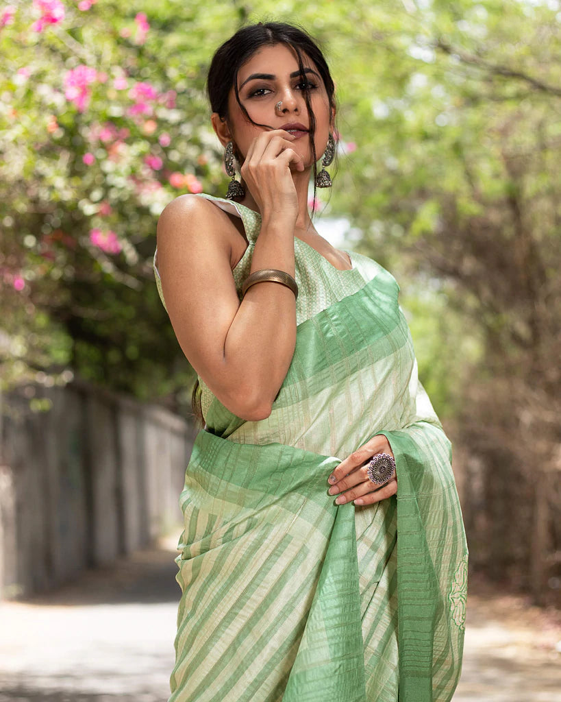 Pistachio Green And White Ethnic Pattern Digital Print Art Tusser Silk Saree With Tassels