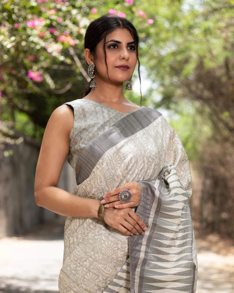 Lava Grey And White Floral Pattern Digital Print Art Tusser Silk Saree With Tassels