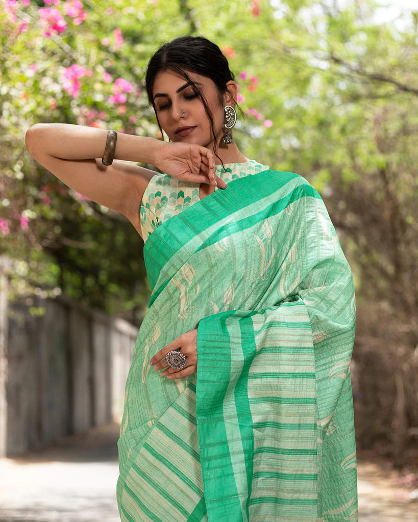Mint Green and White Floral Pattern Digital Print Art Tusser Silk Saree With Tassels