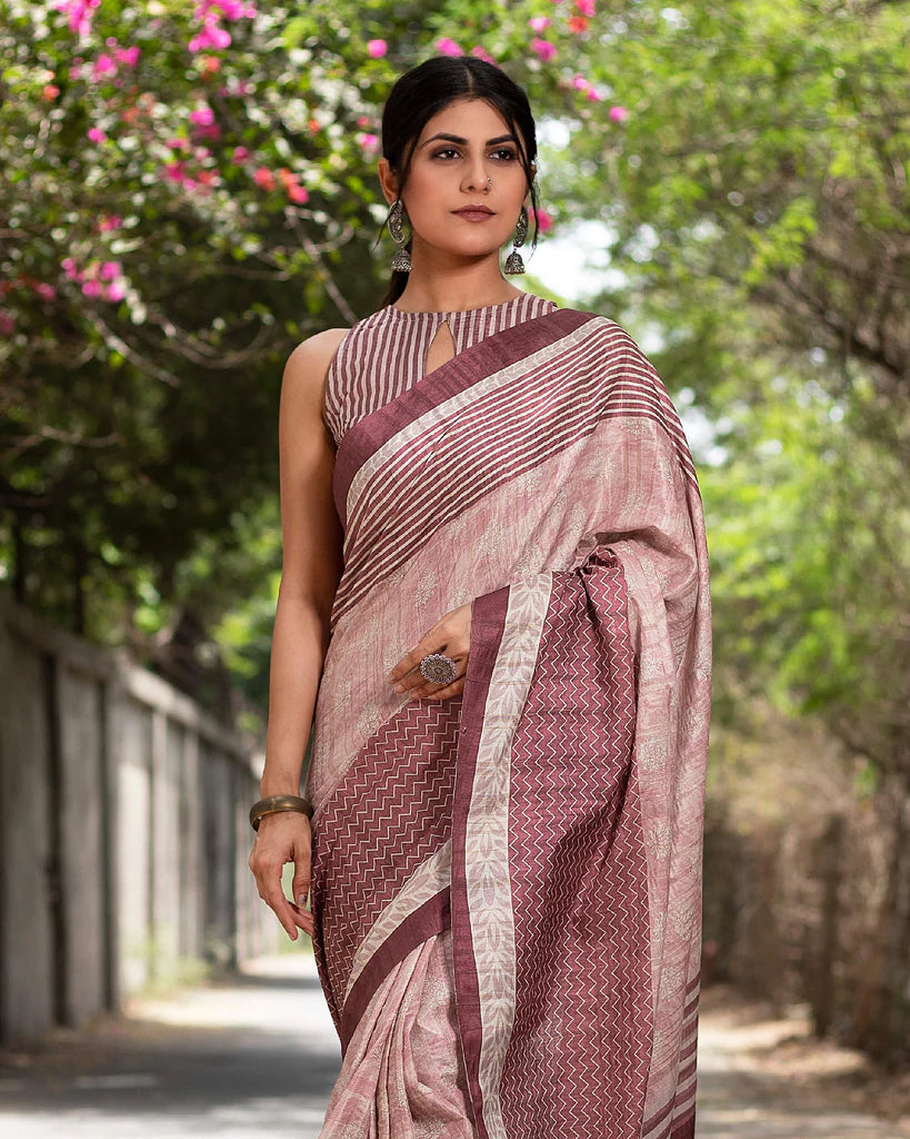 Cannon Pink And White Chevron Pattern Digital Print Art Tusser Silk Saree With Tassels