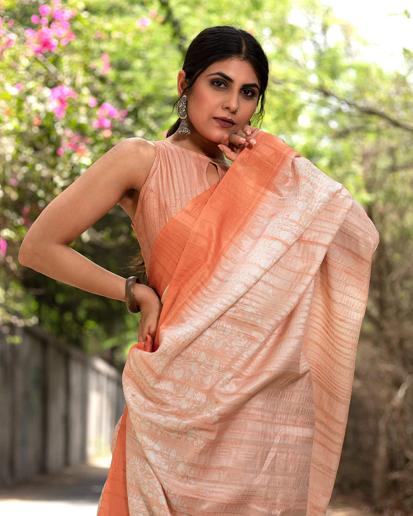 Salmon Orange And White Floral Pattern Digital Print Art Tusser Silk Saree With Tassels