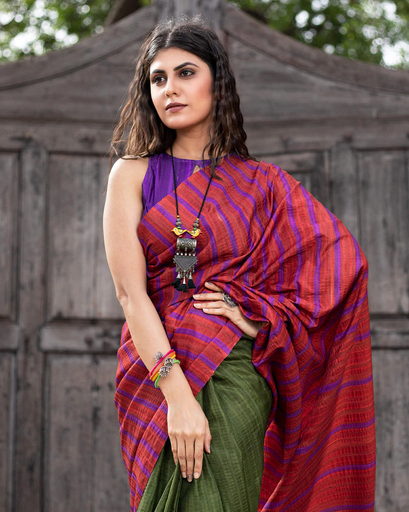 Sangria Red And Army Green Stripes Pattern Digital Print Art Tusser Silk Saree With Tassels