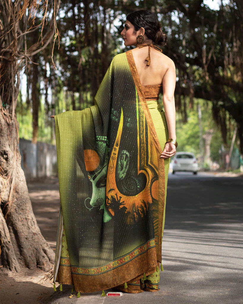 Olive Green And Black Quirky Pattern Premium Sequins Georgette Saree With Tassels