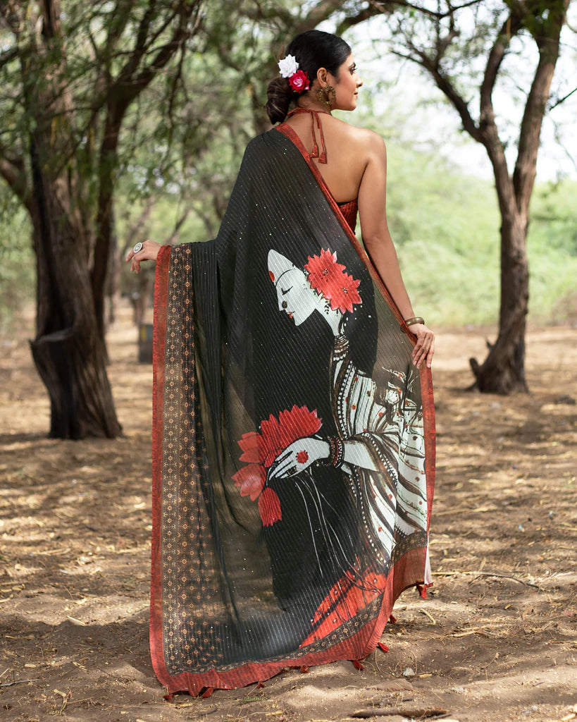 Black And Brick Red Quirky Pattern Premium Sequins Georgette Saree With Tassels