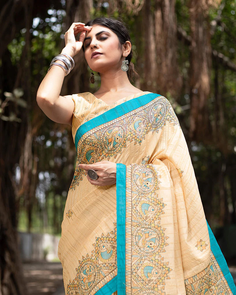 Pastle Peach And Cerulean Blue Madhuvanii Pattern Digital Print Art Tusser Silk Saree With Tassels