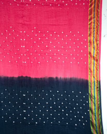 Punch Pink And Teal Green Kutchi Bandhani Foil Mirror Work Unstitched Cotton Suit With Zari Border Dupatta