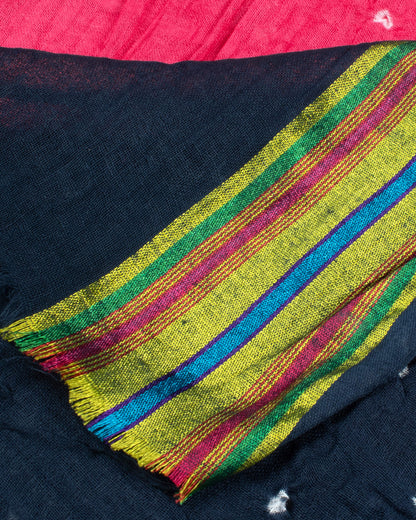 Punch Pink And Teal Green Kutchi Bandhani Foil Mirror Work Unstitched Cotton Suit With Zari Border Dupatta
