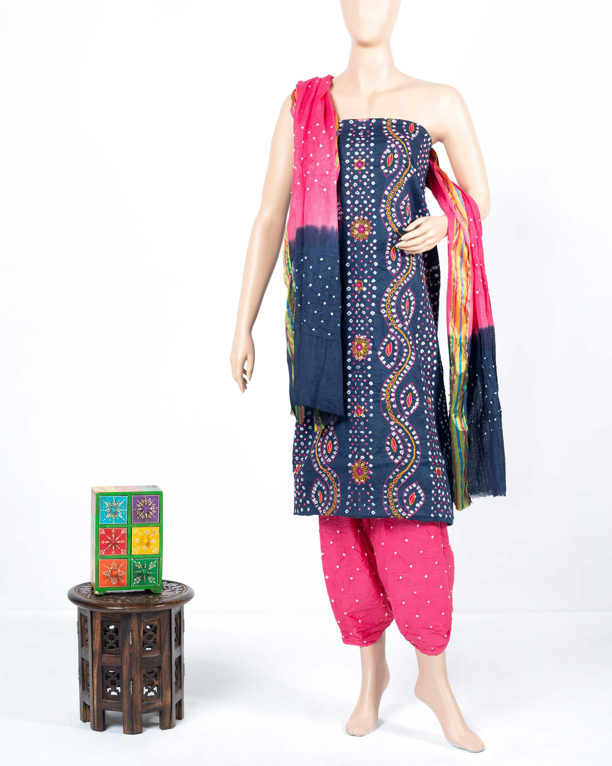 Punch Pink And Teal Green Kutchi Bandhani Foil Mirror Work Unstitched Cotton Suit With Zari Border Dupatta