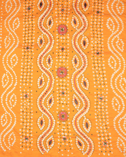 Fire Yellow And Grass Green Kutchi Bandhani Foil Mirror Work Unstitched Cotton Suit With Zari Border Dupatta