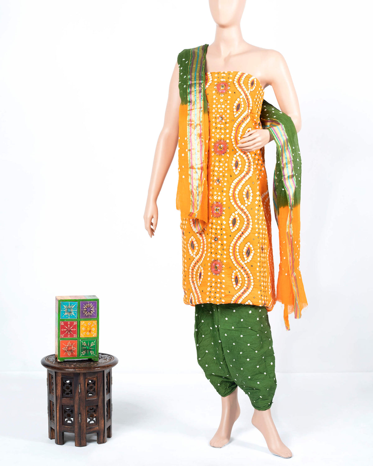 Fire Yellow And Grass Green Kutchi Bandhani Foil Mirror Work Unstitched Cotton Suit With Zari Border Dupatta