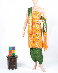 Fire Yellow And Grass Green Kutchi Bandhani Foil Mirror Work Unstitched Cotton Suit With Zari Border Dupatta