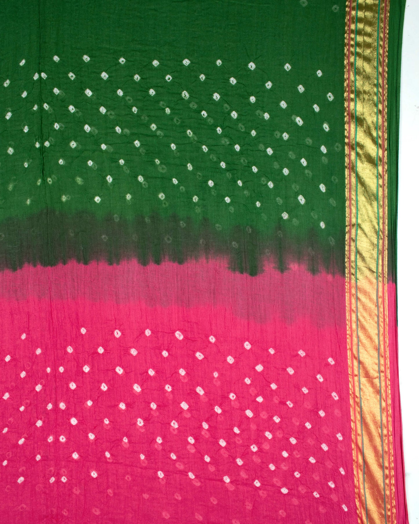 Punch Pink And Grass Green Kutchi Bandhani Foil Mirror Work Unstitched Cotton Suit With Zari Border Dupatta
