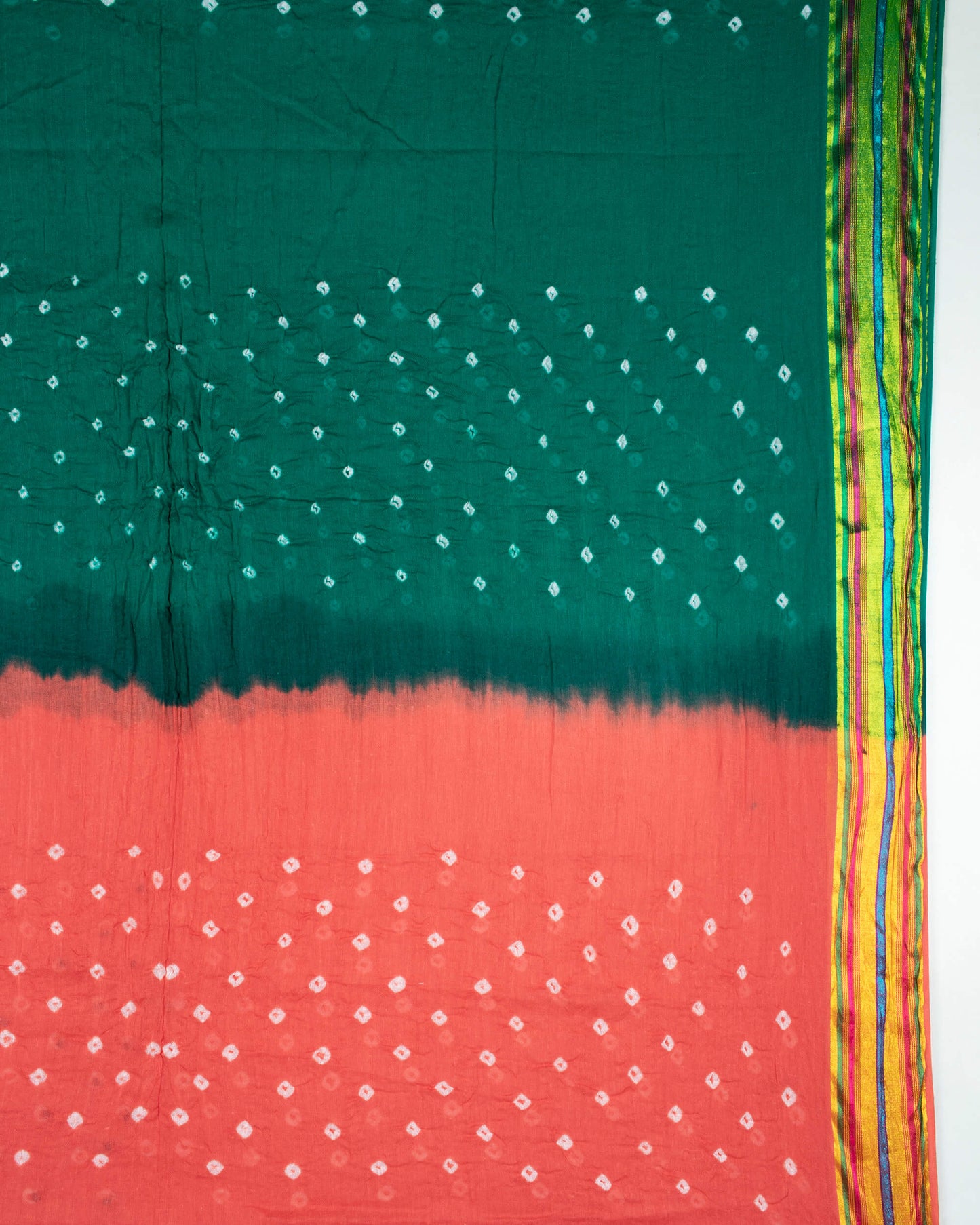 Peach And Green Kutchi Bandhani Foil Mirror Work Unstitched Cotton Suit With Zari Border Dupatta