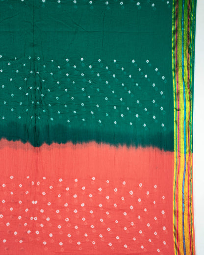 Peach And Green Kutchi Bandhani Foil Mirror Work Unstitched Cotton Suit With Zari Border Dupatta