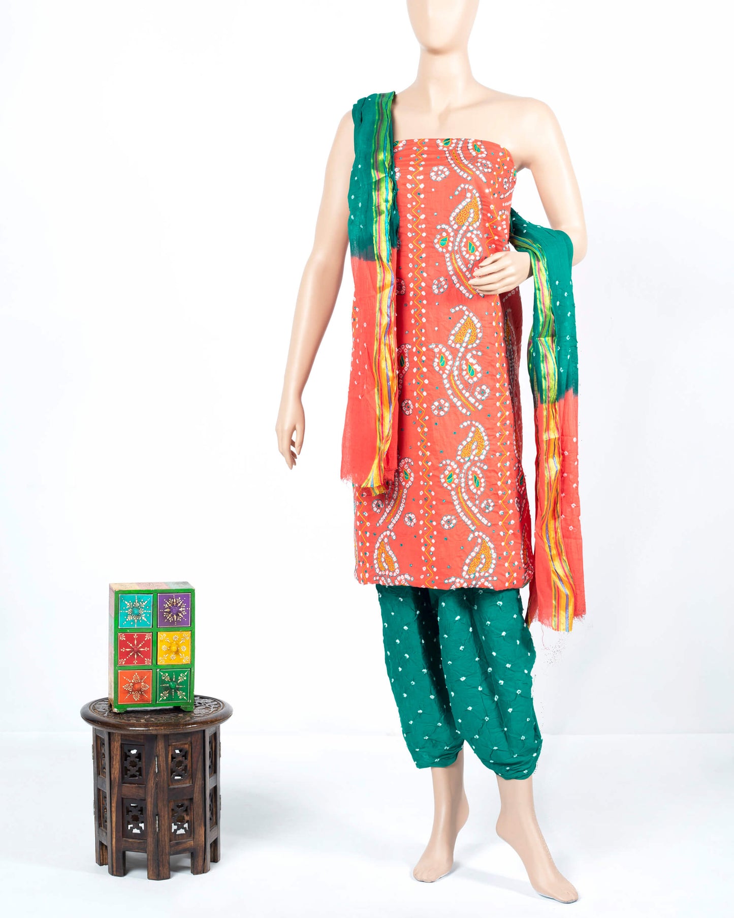 Peach And Green Kutchi Bandhani Foil Mirror Work Unstitched Cotton Suit With Zari Border Dupatta