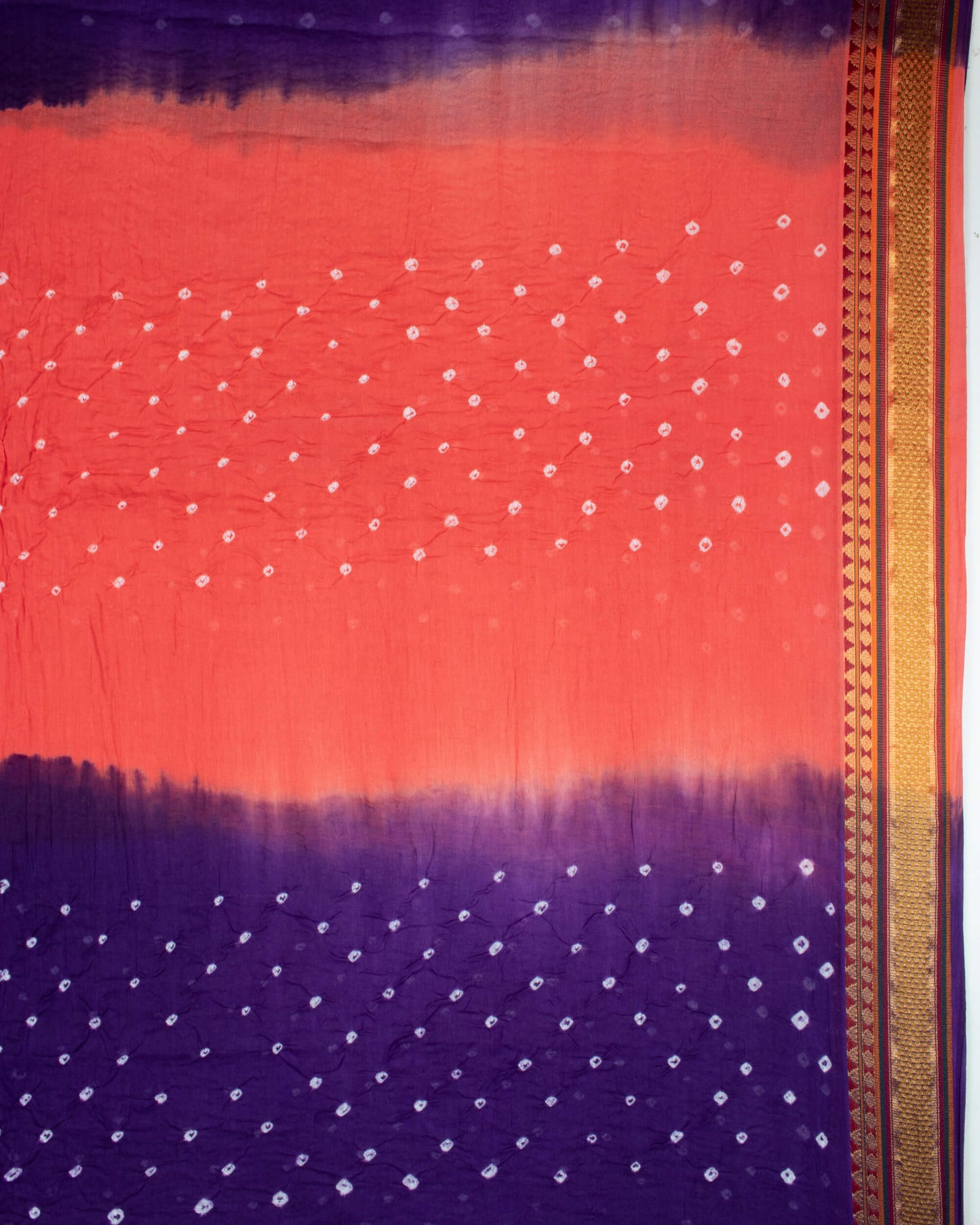Peach And Grape Purple Kutchi Bandhani Foil Mirror Work Unstitched Cotton Suit With Zari Border Dupatta