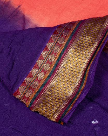 Peach And Grape Purple Kutchi Bandhani Foil Mirror Work Unstitched Cotton Suit With Zari Border Dupatta