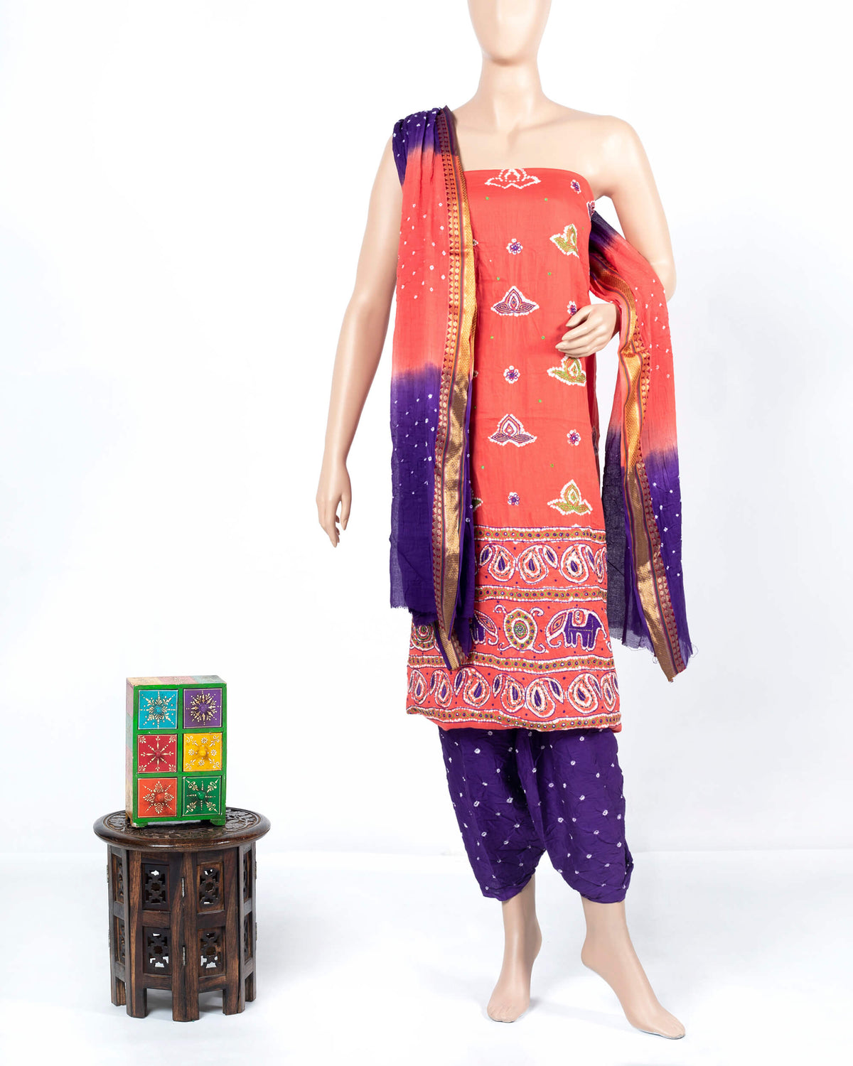 Peach And Grape Purple Kutchi Bandhani Foil Mirror Work Unstitched Cotton Suit With Zari Border Dupatta