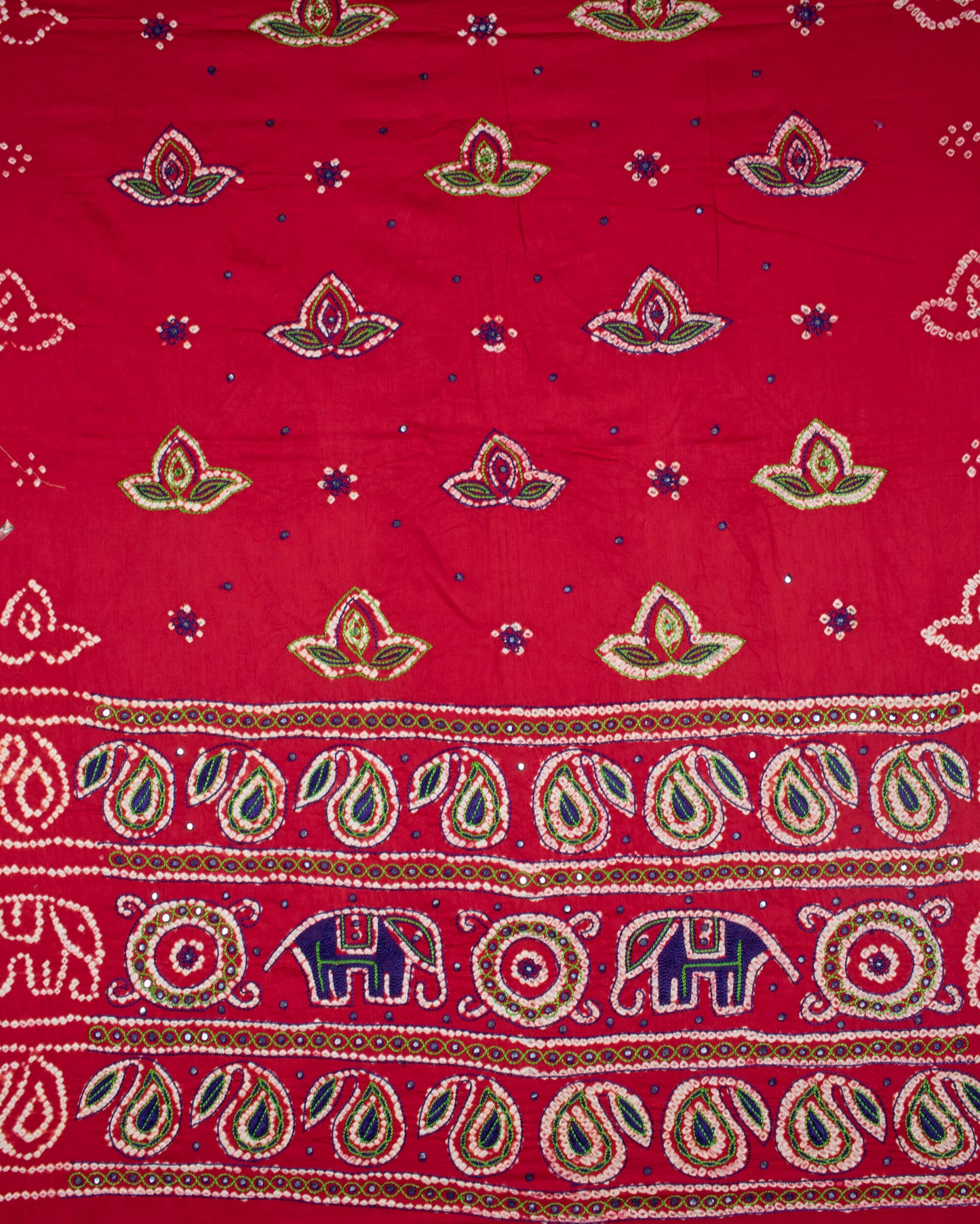 Vermillion Red And Blue Kutchi Bandhani Foil Mirror Work Unstitched Cotton Suit With Zari Border Stripes Dupatta