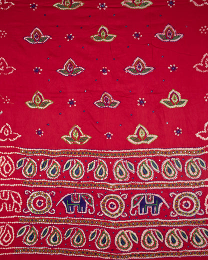 Vermillion Red And Blue Kutchi Bandhani Foil Mirror Work Unstitched Cotton Suit With Zari Border Stripes Dupatta