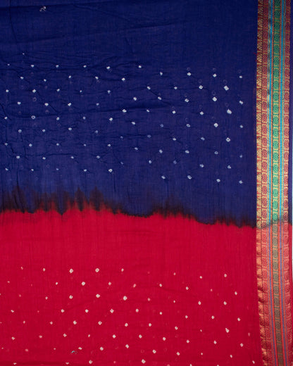 Vermillion Red And Blue Kutchi Bandhani Foil Mirror Work Unstitched Cotton Suit With Zari Border Stripes Dupatta