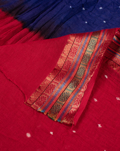 Vermillion Red And Blue Kutchi Bandhani Foil Mirror Work Unstitched Cotton Suit With Zari Border Stripes Dupatta