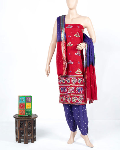 Vermillion Red And Blue Kutchi Bandhani Foil Mirror Work Unstitched Cotton Suit With Zari Border Stripes Dupatta