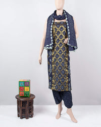Oxford Blue Kutchi Bandhani Unstitched Cotton Suit With Dupatta