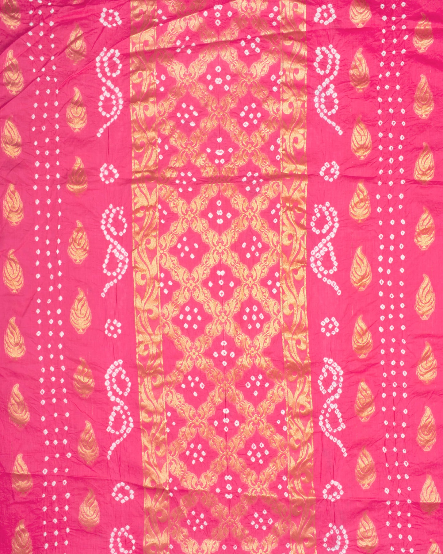 Hot Pink Kutchi Bandhani Unstitched Cotton Suit With Dupatta