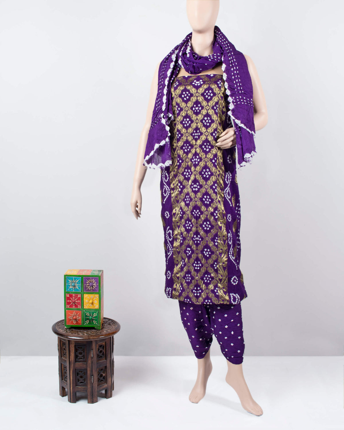 Deep Violet Purple Kutchi Bandhani Unstitched Cotton Suit With Dupatta